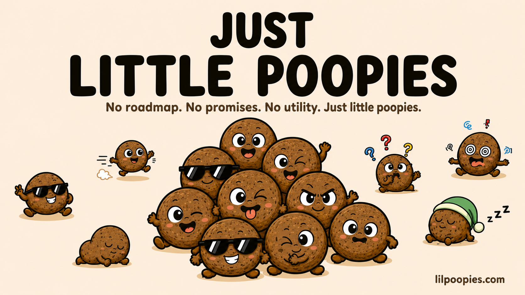 Cute Little Poopies characters confused by crypto charts