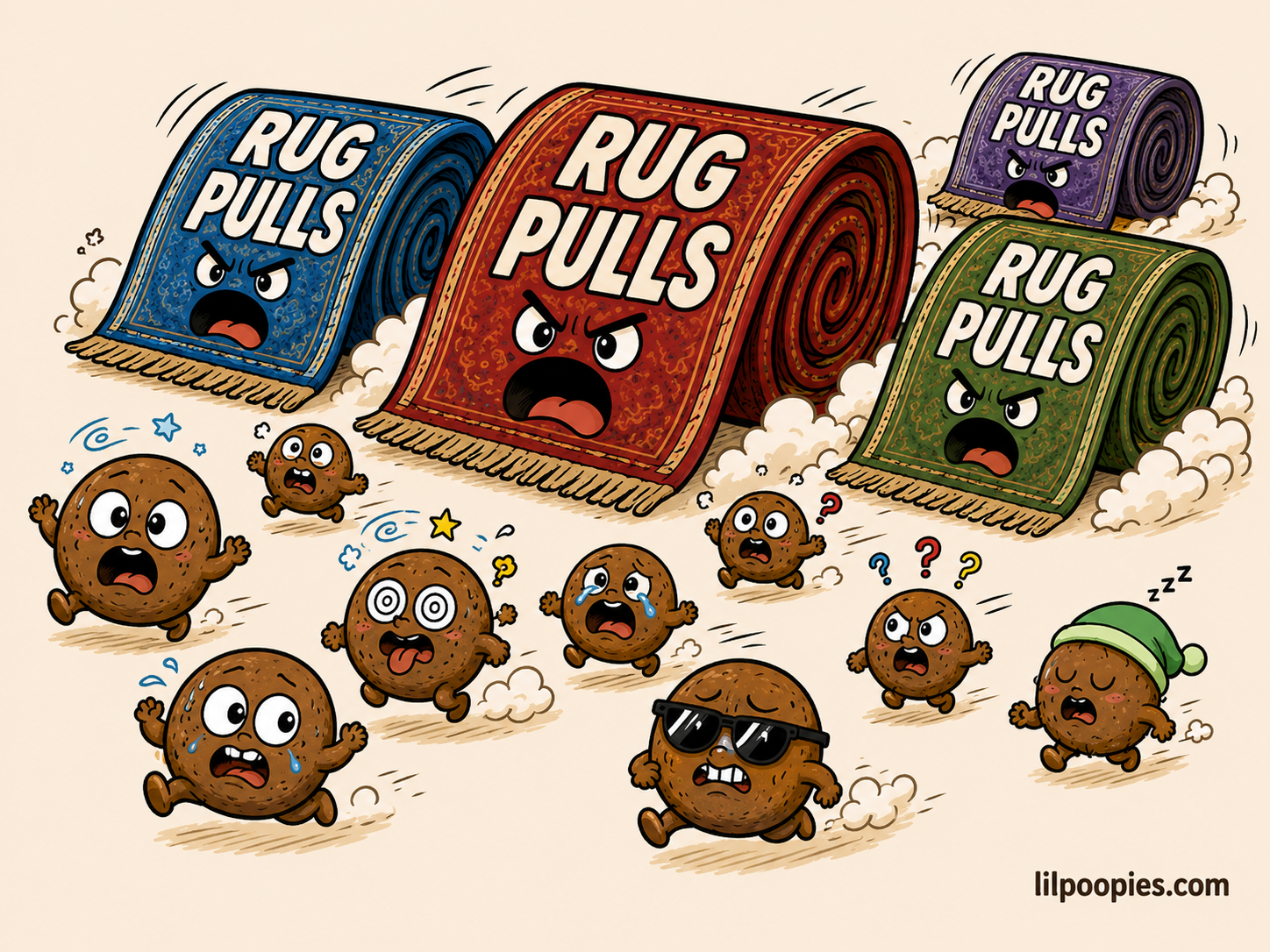 Little Poopies running away from giant rugs labeled rug pulls